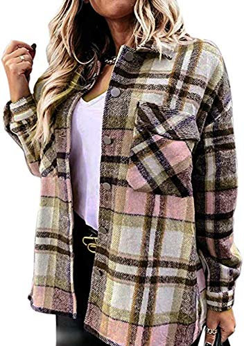 YMING Femme Chemise à Carreaux à Manches Longues Décontracté Chemise à Carreaux Chemisier Boyfriend Chemisier Boutonné Chemise Loisirs Rose M