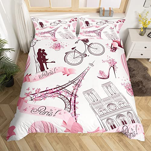 Tour Eiffel Parure de Lit 220x240cm Paris Rose Housse de Couette Paris Décor Sets de Housse de Couette Valentines Parure Housse de Couette pour Adultes et Ados Microfibre