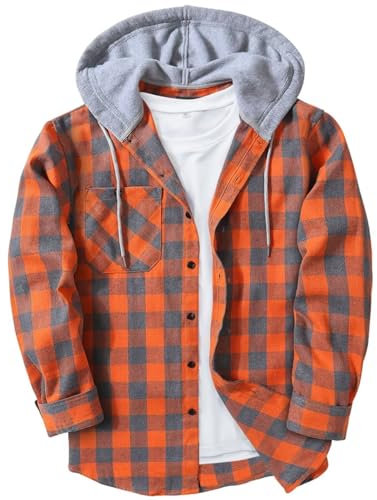 JACKETOWN Men's Hoodies Long Sleeve Casual Plaid Flannel Shirt Mens Jackets Top Button Down Shirts for Men Cotton Lumberjack Regular Fit Orange
