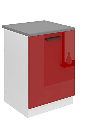Belini Unterschrank Küche, Spülenunterschrank 60 cm Breite. SDZ Küchenunterschrank mit Arbeitsplatte. Spülenschrank mit 1 Tür, Rot Hochglanz