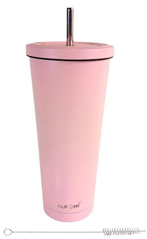 ALFONI Isolierter Becher mit Deckel und Metall-Strohhalm, doppelwandig, Edelstahl, für heiße und kalte Getränke, für Zuhause, Arbeit, Reise, wiederverwendbare Kaffeetasse, Geschenke, 680 ml, Rosa
