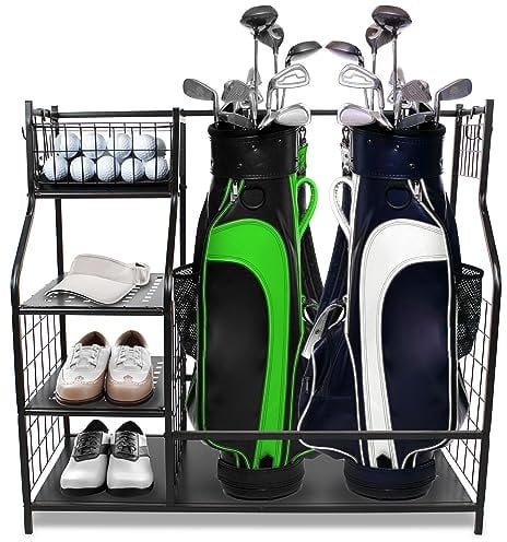 Swing Sports Golftaschenständer – 95,5 cm Doppelte Golftasche Aufbewahrungsregal für Garage mit Golfzubehör Organizer Regale