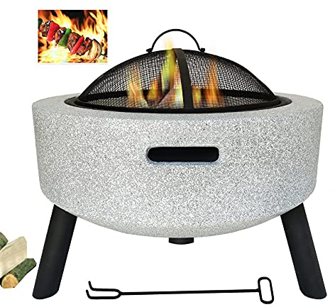 Feuerstellentisch mit BBQ-Grillregal, Eisgrube, 3-in-1-Feuerstelle im Freien mit rundem Funkenschutz, Heizung mit einer Umrandung aus MgO-Kunststein-Grill für Camping-Picknick-Lagerfeuer im Hinte