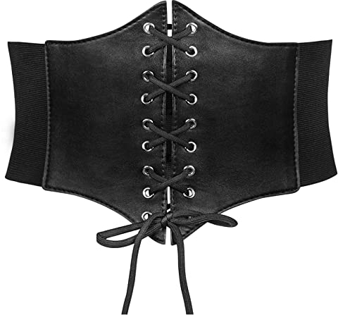 JASGOOD Women’s Elastic Costume Waist Belt Lace-up Tied Waspie Corset Belt for Women (Black, Fits Waist 30-33)