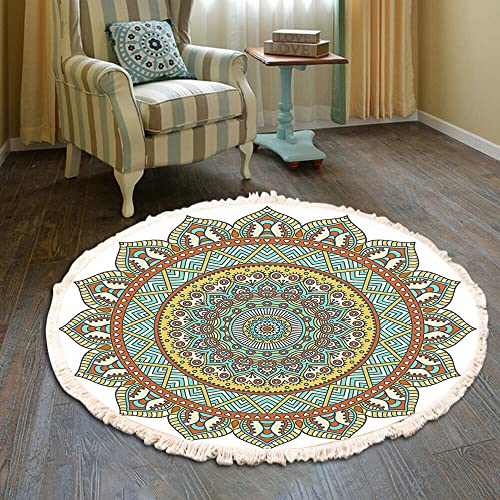 Vintage Boho Baumwolle Teppiche Mandala Muster Waschbar Handgewebte Böhmische Runder Teppich mit Quasten für Schlafzimmer Flur Wohnzimmer Couchtisch Fußmatten,Waschmaschinenfest,120CM Blumen #23