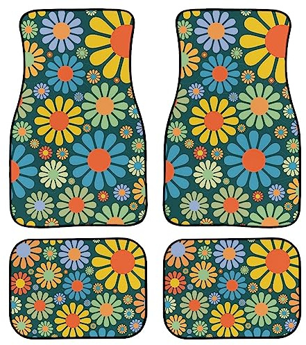 Bunte Hippie-Blumen-Auto-Fußmatten, Set mit 4 Stück, abstraktes tropisches Blumenmuster, nahtloses Muster, niedliche Blumen, Fahrzeug, vorne und hinten, Teppiche, Universal-Fußmatten, Autozubehör für