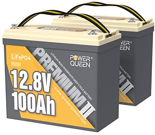 Power Queen Batterie 12V 100Ah Mini LiFePO4(Pack de 2), Batterie en Petite Taille avec 100A Protection BMS et 4000-15000 Cycles Profonds, sans Entretien Parfait pour Camping-Car, Système Solaire