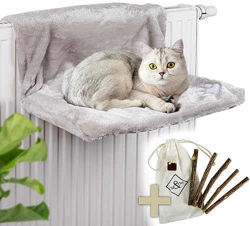 ne&no Lit pour chat pour chauffage avec 5 bâtonnets Matatabi | Lit chauffant douillet | Convient pour tous les radiateurs | Hamac pour chat pour chauffages | Sans substances nocives | Avec insert
