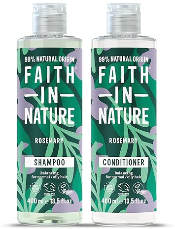 Faith In Nature Natural Rosemary Shampoo and Conditioner Set, Balancing, Vegan & Cruelty Free, No SLS or Parabens, For Normal to Oily Hair, 2 x 400ml Pack