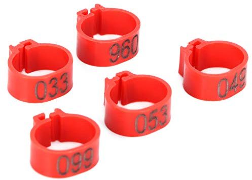 Mumusuki 100 Stück Tauben-Identifizierungsring, Taubenringe für Beine, 001–100, Nummerierter Vogel-Clip-Ring, Geflügel-Beinring, Vogelbeinbänder, Tauben-Fußring (10 mm großer roter Ring