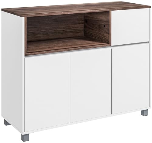 HOMCOM Aparador Blanco Buffet para Salón Armario Auxiliar de Comedor con Cajón 3 Puertas Estante Almacenaje y Estante Ajustable Cocina 105x39x83 cm Blanco y Nogal
