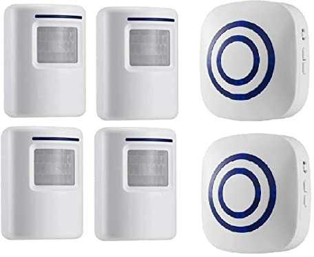 HommyFine Motion Sensor Alarm Detector, Wireless Visitor Door Entry Chime Alart with PIR Motion Sensor Detector and Plug-in Receiver for Business Home Office or Shop (4Sensors + 2Receivers)