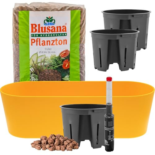 Leni Flori Jardiniere Blumentopf länglich 36 cm gelb Hydrokultur-Komplett-Set mit Übertopf Hydro-Töpfen Wasserstandsanzeiger & Pflanzton