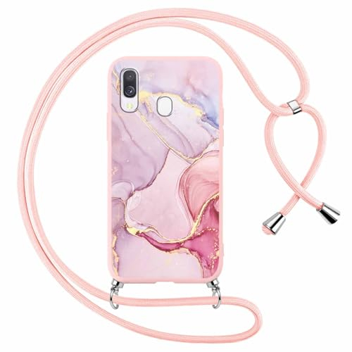 ZhuoFan Handykette Handyhülle für Samsung Galaxy A40 Hülle mit Band, Aesthetic Rosa Marmor Motiv Schutzhülle mit Kordel zum Umhängen, Weich TPU Silikon Stoßfeste Necklace Lanyard Case