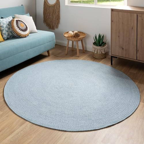 Steffensmeier Handweb Teppich Bali | 100% Baumwolle, Hellblau meliert, handgefertigt, Größe: Ø 150 cm | Flur, Eingangsbereich, Wohnzimmer