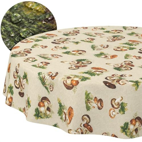 Tischdecke Stoff abwaschbar Tischtuch Tafeldecke pflegeleicht Lotuseffekt schmutz- & wasserabweisend für Indoor Outdoor Tischdecke Rund 140cm Schnittkante Pilze