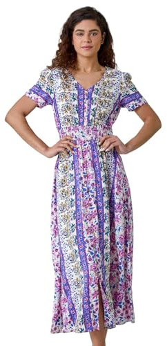Roman Originals Shirred Empire Waist Dress for Women UK Ladies Midi Maxi Summer Spring Tiered Frill Hem Short Sleeve V Neck Button Through Boho Bohemian Holiday Cruise - Purple & White - Size 14