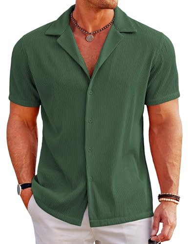 COOFANDY Chemisette Homme Manche Courte Écontractée Coupe Régulière Chemise de Plage Chemise d'Été Boutonnée Col Cubain Olive Verte M