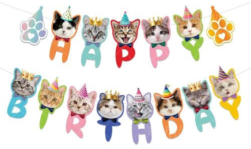 MHDAMAI Happy Birthday Banner,Cartoon Cat Geburtstags-Banner Girlande Geburtstag Bunt für Erwachsene und Kinder Geburtstag Party Dekoration