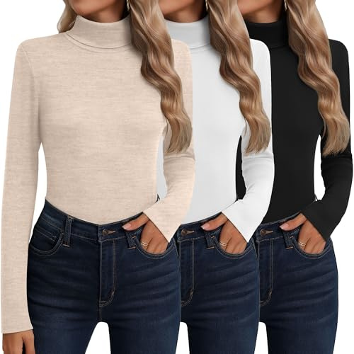Neer 3 Pack Womens Cotton Turtleneck Long Sleeve Thermal Tops | Mockneck Base Layer, Ladies Warm Undershirts, Fleece Underwear Sweater, Slim Fitted Tops, Casual Trendy Fall Winter Clothing