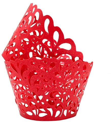 KOSTOO 50Pcs Cupcake Wrappers Water Droplet Hollowing Out Artistic Bake Cake Paper Lace Laser Cut Liner Baking Cup Wraps Muffin for Wedding Party Birthday Decoration (Red)