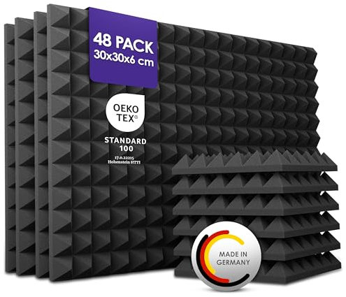 PolySound Pyramidenschaumstoff Akustikpaneele - 48 Stück 30x30x6cm, Schallabsorber aus Schaumstoff für Effektive Schalldämmung, Akustikplatten Schwarz