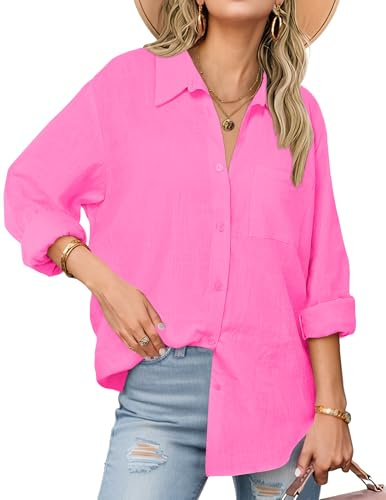 Zeagoo Camisas de lino con botones para mujer, manga larga, gasa de algodón, blusas casuales con cuello y ajuste holgado, Fucsia/ rosa, M
