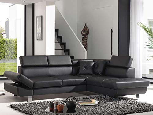 Bestmobilier Lisbona – Ecksofa mit Schlaffunktion – aus PU – mit verstellbaren Kopfstützen – Rechts Schwarz