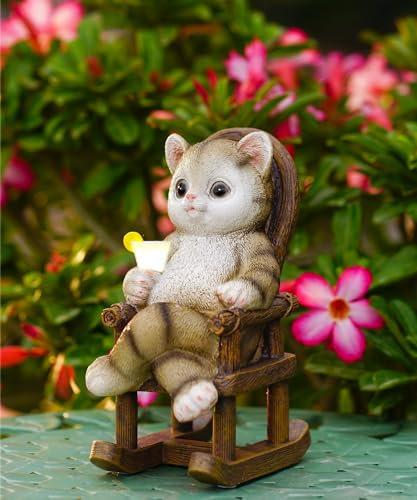 Yeomoo Katzen Figuren Solar Deko für Wohnzimmer Gartendeko - Katze Trinken auf dem Schaukelstuhl Lustig Katze Geschenk für Männer Frauen Mama Geburtstag Katzenliebhaber Deko für Zimmer Garten Blakon