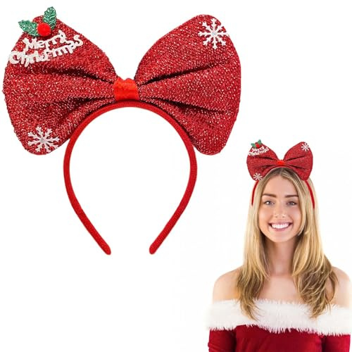 EONFAVE Haarreifen Weihnachten, Christmas Schleifen Haarbänder, Rot Stirnbänder Weiche Große Schleife Haarreif Damen Mode Haarschmuck