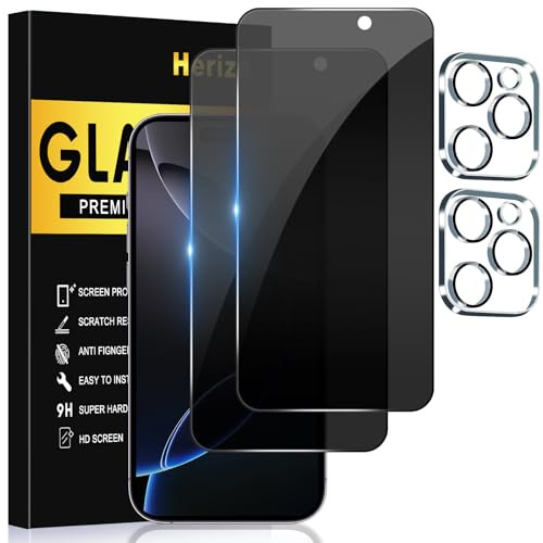 Herize [2+2 Pack Privacy Screen Protector for iPhone 16 Pro with Camera Lens Protector, 6.3 Inch Tempered Full Screen Glass Accessories, Anti-Spy, Bubble Free, Case Friendly