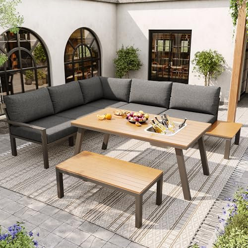 Lounge Set, Gartenmöbel Set Essgruppe für 6-7 Personen, Outdoor Sitzgruppe mit Ecksofa, Esstisch und 1 Hocker, Garten Sofa mit Kissen für Garten, Terrasse, Tischplatte mit Eiskübel
