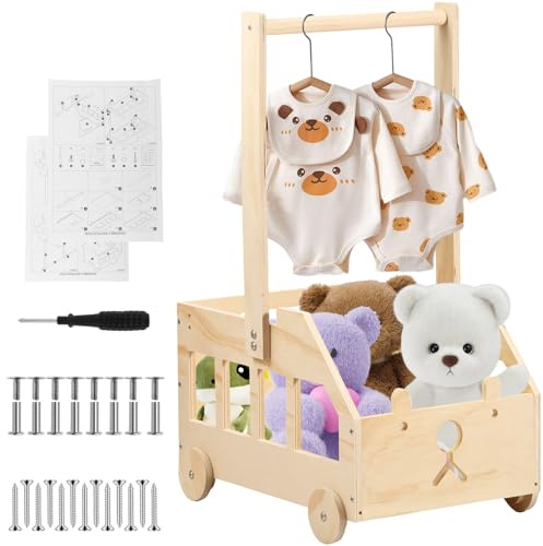 Baby Shower Crate Closet, Wooden Baby Shower Basket with Wheels and Adjustable Handle,Wood Baby Clothes Rack, Baby Shower Hamper Storage Basket for Baby Shower Pregnancy New Parents (Style D)