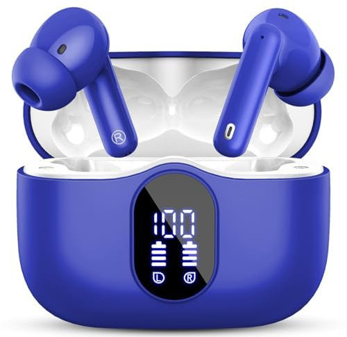 Wireless Earbuds, Bluetooth 5.4 Headphones In Ear with 4 ENC Mic, New Wireless Earphones Noise Cancelling Deep Bass, LED Display, Bluetooth Earbuds 36H Playtime, IP7 Waterproof Ear buds, USB-C, Blue