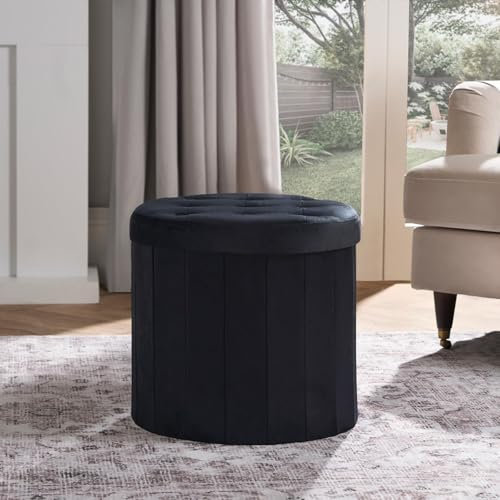 OHS Black Round Ottoman Storage Box Matte Velvet, Upholstered Storage Ottoman Footrest with Hidden Storage & Lid For Living Room Bedroom or Entryway, One Size