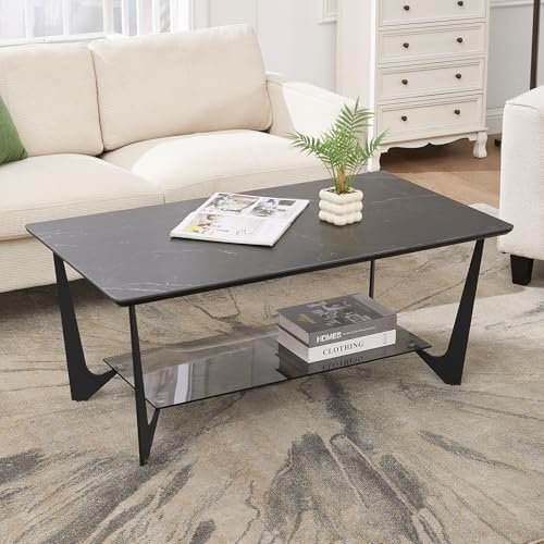chairus Table Basse Rectangulaire avec Plateau Marbré et Pieds en Métal, Table de Salon Moderne avec Étagère de Rangement pour Bureau/Salon/Chambre, Noir