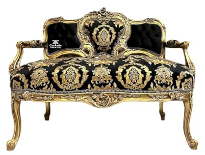 Französisches Barock-Sofa, 2-Sitzer in Luxuriöser Schwarz und Goldfarbe, Floraler Damast, Handgefertigtes Sofa im Nostalgischen Rokoko Stil für die Wohnzimmerdekoration im Wohnzimmer