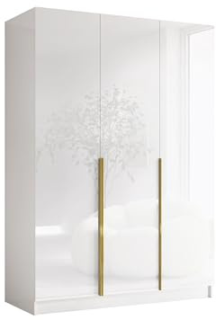 Mirjan24 Kleiderschrank Cikzori I mit 3 Türen (Weiß Hochglanz + Gold) | Drehtürenschrank mit Kleiderstange, geräumigen Innenfächern und Soft-Close-Scharnieren, B/H/T: 150/215/58 cm