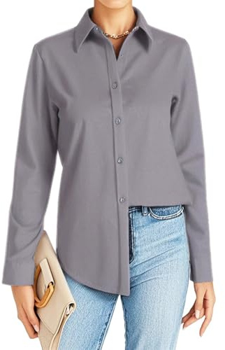 JiaYouLC Women's Long Sleeve Blouses & Shirts Stretch Formal Button Down T Shirts Executive Office Business Casual Tops for Ladies (UK, Alpha, S, Regular, Regular, Gray, Long Sleeve)