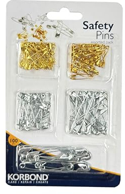 Korbond Safety Pins Value Pack - 100 Assorted Sizes; Silver/Nickel, Gold/Gilt; Professional Grade, Sharp Point, Heavy Duty, Nickel, Pin – Crafting, Sewing, Pinning, Fabrics, Saree, Sari