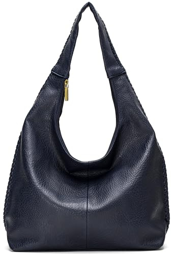 Mabel London Large Faux Leather Slouch Shoulder Bag for Women - Soft Everyday Hobo Tote with Whipstitch Detail - Heather (Navy)