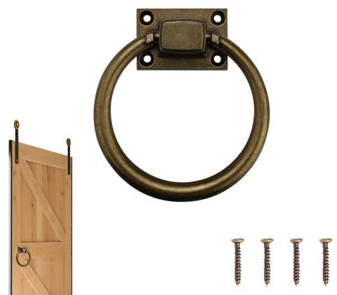 Yitexin Round Sliding Barn Door Handles Ring, 3.8 in Antique Brass Drop Ring Drawer Pulls, Zinc Alloy Cupboard Gate Handle Knob for Garage Kitchen Outdoor Furniture Farmhouse Hardware (1Pcs)