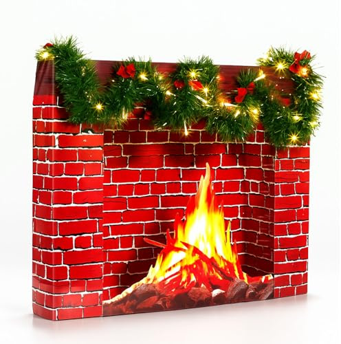 Feifeiya Set di decorazioni natalizie per caminetto da 60 x 50 cm incluso 3D in mattoni rossi in piedi - camino in cartone finto, ghirlanda verde da 3 m, luce a LED, fiocchi rossi per decorazioni