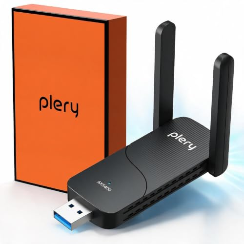 Plery AX5400 WiFi 6E USB-Adapter, Tri-Band 6 GHz/5 GHz/2,4 GHz | Ultraschneller MLO 4K-QAM USB 3.0 WiFi-Dongle, WPA3-Sicherheit, High-Gain-Antenne, große Reichweite, Windows 11/10