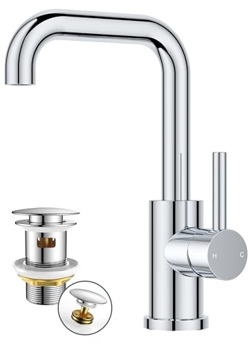 FORIOUS Rubinetto Bagno Lavabo Alto con Piletta, Miscelatore Lavabo 360° Girevole in Acciaio Inox con Acqua Calda e Fredda, Adatto per Lavandino Bagno, Installazione Facile, Cromo