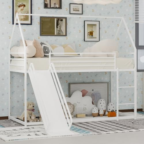 OKMYHOME Lit Mezzanine 90x190 cm - Lit Enfant Simple Style Cabane avec Toboggan et Échelle Sécurisée - en Fer - sans Matelas - Blanc