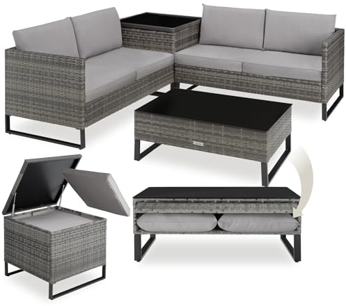 tectake® Ensemble Salon de Jardin Exterieur Modulable en Rotin, Canape Exterieur 4 personnes, Table basse avec Plateau en Verre, Coffre de rangement, Coussins Inclus, Salon de Jardin, Balcon, Terrasse