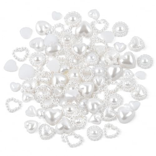 LEMONSTONE 460 Perlen Herzen Streudeko Hochzeit, Weiß, 5 bis 11 mm Mix | 4 Designs, Tischdeko, Perlen Herzkonfetti, Echtem Herz & Hohles Herz, flache Rückseite, für Karten und Gastgeschenke