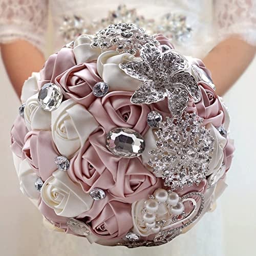 Fouriding Handgemachte Brosche Brautstrauß Braut Satin Rosen Blumen Strass Perlen Blumensträusse Hochzeit Strauß Künstliche Blumenstrauß künstlicher Rosenstrauß Dekoration (Creystal Pink)