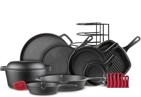 Cuisinel Gusseisen-Kochgeschirr, 18-teilig, vorgebrannt, 15,2 cm + 20,3 cm + 25,4 cm + 30,5 cm Bratpfanne + Deckel + Grillpfanne + Pizzablech + Dutch Oven + Pfannenabdeckung + Panrack + Silikongriffe